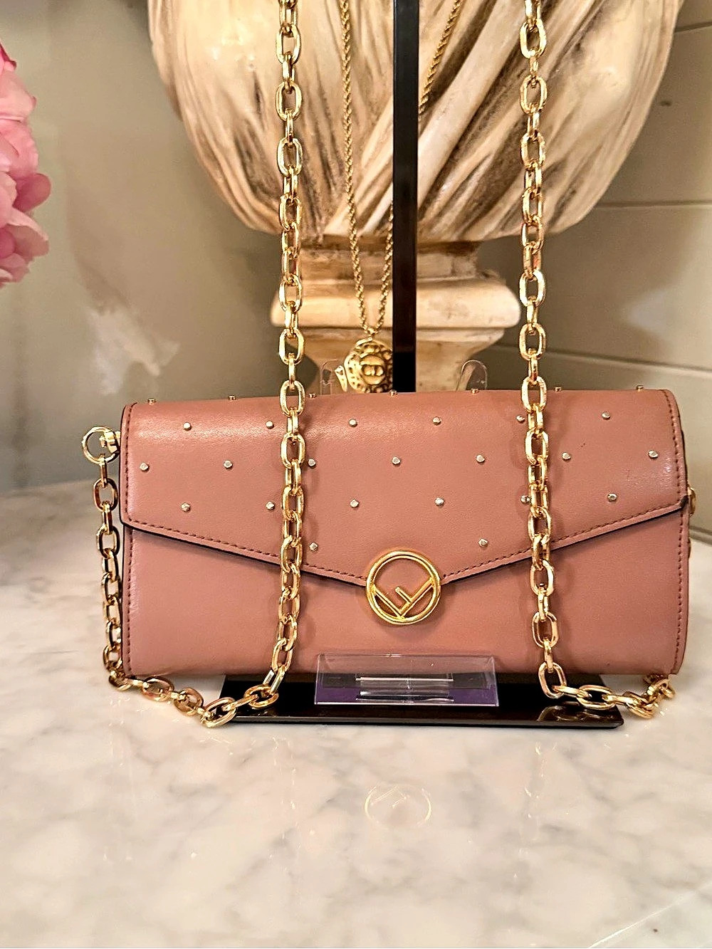 Fendi Studded bifold long wallet in Pink EUC w shoulder chain